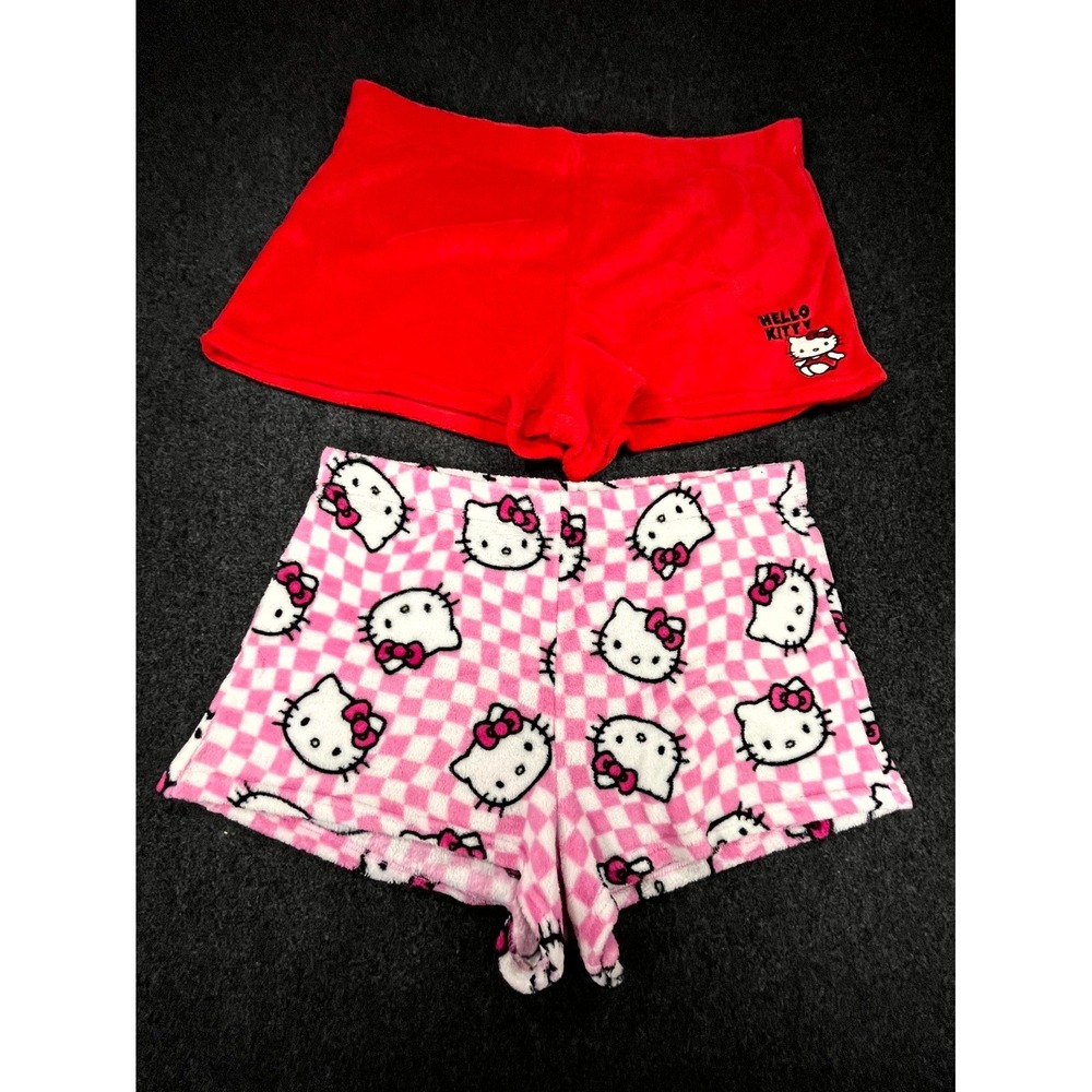 Lot Of 2 Hello Kitty Sanrio Sleep Shorts Womens XL Pink Red Plush Fleece Comfort